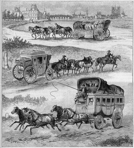 El viejo coche de viaje, el coche de viaje del siglo XVII, el coche de viaje del siglo XVIII y la diligencia antes de los ferrocarriles. Grabado en 