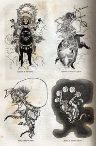 El panteón de divinidades japonesas: representación tradicional de algunas figuras típicas: el patrón de la equitación; Marisiten, el dios de la guerra; Futen, el dios de los vientos; Raiden, el dios del trueno. Grabado para ilustrar el viaje a Japón en 18 de Unknown artist