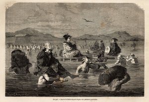 El paso de un vado, con presentación de los modos de transportar pasajeros y equipaje. Grabado para ilustrar el viaje a Japón, en 1863-1864, por Aime Humbert, ministro de la Confederación Suiza, en "Le tour du monde, nouveau journal des voyages"