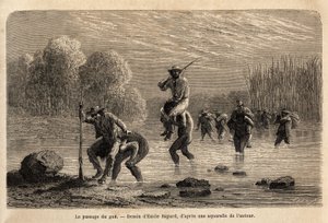 El paso del vado, los indios Siriniris, proponen espontáneamente llevar sobre sus hombros a los miembros de la expedición, para hacerlos cruzar los estanques formados al pie del Monte Basiri (Perú). Grabado para ilustrar el viaje en los valles