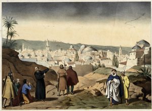 Los peregrinos llegan a la ciudad de Jerusalén. Grabado anónimo de mediados del siglo XIX - en "Gran Catecismo de Familias".