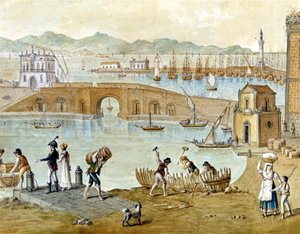 El puerto de Nápoles y Santa Lucía alrededor de 1800: los viajeros se preparan para partir y los carpinteros construyen un barco. Acuarela.