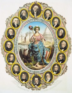 Los presidentes de los Estados Unidos con el símbolo de América en el medio. Arriba, Washington y abajo Abraham Lincoln. Póster publicado en la inauguración de la presidencia de Lincoln en 1861. Grabado de 1861 de Unknown artist