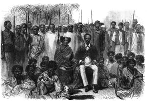 La reina de los Sakalaves, Anarina y su esposo de origen howa, bajo la protección de Francia durante la expedición de Madagascar. Grabado en "Le Monde Illustré"