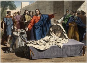 La resurrección del hijo de la viuda de Naín: Jesucristo resucita al único hijo de la viuda. Grabado de mediados del siglo XIX.