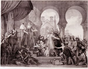 El regreso de Cristóbal Colón a España ante el rey Fernando II de Aragón e Isabel I de Castilla (llamada la Católica) después de descubrir América. Grabado del siglo XIX de Unknown artist
