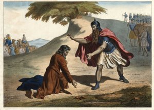 El regreso de Jacob y su encuentro con Esaú - Jacob regresa a la tierra de Canaán con sus esposas e hijos: se encuentra con su hermano Esaú. Grabado de mediados del siglo XIX de Unknown artist