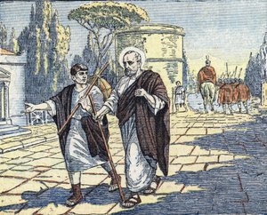 El regreso del apóstol Pedro a Roma volviendo de Asia a la muerte del emperador Claudio, al principio del regne de Nerón hacia 54 (El apóstol Pedro volviendo en Roma de Asia, después de la muerte del emperador Claudio, 54 d.C.) Ilustración de "Le pe de Unknown Artist