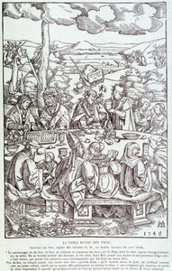 La mesa redonda de los vicios: juego, avaricia, lujuria, orgullo... - Grabado de 1546 de Unknown artist