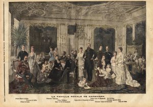 La familia real de Dinamarca, sentados en el centro, la Reina Luisa de Hesse-Kassel (1817-1898) y el Rey Christian IX de Dinamarca (1818-1906) apodado “el apuesto padre de Europa” porque casó a varios de sus hijos con herederos de las grandes familias real de Unknown artist