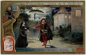 El acto de sacrificio IV escena 2. Ilustración para la ópera “Il trovatore” de Giuseppe Verdi (1813-1901). Cromolitografía (Chromo) Liebig de finales del siglo XIX. de Unknown artist