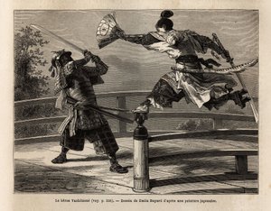 El samurái Yashitsune en equilibrio sobre la barrera de un puente, ataca a un samurái con armadura. Grabado para ilustrar el viaje a Japón, en 1863-1864, por Aime Humbert, ministro de la Confederación Suiza, en "Le tour du monde, nouveau journal des voyage