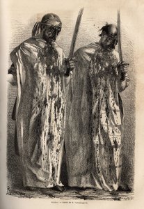 Las cicatrices, musulmanes en procesión durante la fiesta conmemorativa del martirio de Hossein, se golpean la cabeza con una espada, cada uno de ellos cubierto con una sábana blanca, para recoger la sangre que fluye de sus heridas. Grabado para ilustrar e de Unknown artist