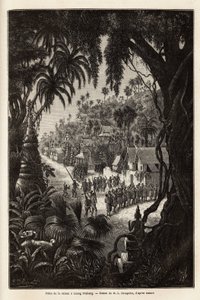Las celebraciones de la temporada en Luang Prabang, capital real de Lan Xang (reino de los millones de elefantes) (actual Laos), consisten en una procesión de los habitantes y una pagoda de adoración por toda la ciudad. Grabado para ilustrar un viaje de ex de Unknown artist