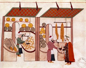 La tienda del comerciante de cuatro estaciones, sobre los vicios de frutas y verduras Miniatura de un manuscrito Cicogna del siglo XIX (1828) después de un original del siglo XVII (1671). Venecia, Biblioteca Marciana de Unknown artist