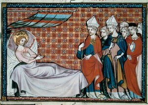 El rey enfermo de Francia San Luis (Luis IX) (1214-1270) se dirige a sus familiares y al clero. Miniatura de un manuscrito 