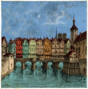 El pequeño puente que luego fue el Pont au Change en París en la Edad Media de Unknown artist