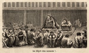 Las etapas de la justicia: el depósito de los cargos, todos los cuales se reúnen pêle-mêle en la misma celda, a menudo durante mucho tiempo, los acusados pueden obtener más comodidad, por ejemplo, dos prisioneros han obtenido esteras que les permiten eleva de Unknown artist