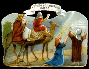 La estrella apareciendo a los Magos para guiarlos hacia Cristo. Cromolitografía del siglo XIX de Unknown artist