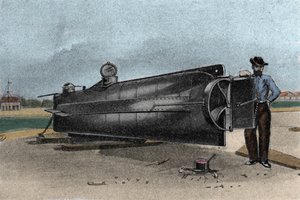 El submarino CSS H. L. Hunley utilizado por la Armada de los Estados Confederados durante la Guerra de Secesión. 1861-1865. Grabado del siglo XIX