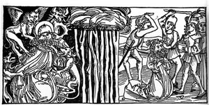 Las tentaciones de San Antonio el Grande (o San Antonio el Ermitaño o San Antonio el Abad), y a la derecha su martirio. Grabado de “Leben der Heiligen - sommerteil” (El libro de los santos) de Jacobus (James) de Voragine (1228-1298) de Unknown artist