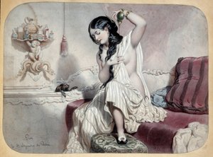 El baño. Una mujer en un baño cerca de su bañera a punto de bañarse. Ilustración del siglo XIX. París, Artes Decorativas de Unknown artist