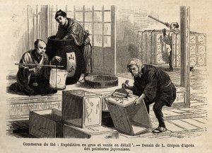 El comercio del té: envío al por mayor y al por menor. Grabado para ilustrar el viaje a Japón, por Aime Humbert, ministro de la Confederación Suiza, en 1863-1864, publicado en 