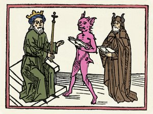 El juicio de Belial: "El demonio Belial presenta sus credenciales al juez Salomón". Grabado de "El juicio de Belial" de Jacobus de Teramo (o Palladino), Augsburgo de Unknown artist