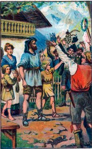 El tributo de los confederados a Guillermo Tell (William Tell) (héroe legendario de la independencia suiza). Cromolitografía de finales del siglo XIX.