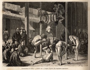La troupe de los saltimbanquis los gimnastas de Tokio, actúan bajo un vasto cobertizo o están dispuestos en esteras de bambú, todos ellos son experimentados en estos ejercicios físicos pero también en la práctica de la comedia. Grabado para ilustrar el via de Unknown artist