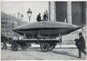 El barco submarino “Le Goubet”, transportado para experimentos, pasa por la Place de la Madeleine en París. Grabado en “La Nature” de Unknown artist