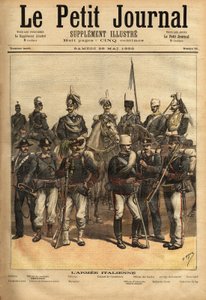 Los uniformes del ejército italiano, a caballo de izquierda a derecha: la artillería, el oficial de caballería, el general, el coronel de carabineros, el oficial de los guías, el 10º regimiento de lanzas, el centésimo. De pie de izquierda a derecha: el car de Unknown artist