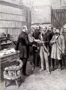La visita de los delegados obreros al Palais Bourbon (Jules Guesde, Sr. Ferroul, Sr. Baudin y Sr. Thivrier) al Secretario General de la Presidencia: Sr. Martin, durante la manifestación del 1 de mayo de Unknown artist
