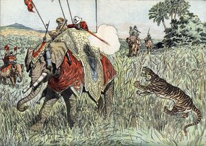 The voyage of the Prince of Wales (then Edward VIII then Duke of Windsor) (1894-1972), to the British Indies, represented here during a tiger hunt" (El viaje del Príncipe de Gales (entonces Eduardo VIII y luego Duque de Windsor), a las Indias Británicas, r de Unknown Artist