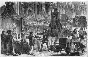 El deseo del faisán. Felipe III Le Bon, duque de Borgoña (1396-1467) se unió al emperador de Constantinopla el 17 de febrero de 1454 para un banquete en el hotel de la Salle de Lille. Grabado del siglo XIX de Unknown artist