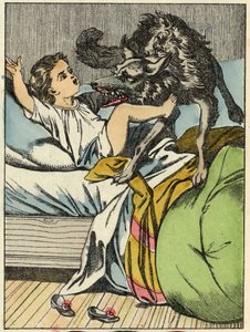 El lobo golpea a Caperucita Roja. Ilustración del cuento "Caperucita Roja" de Charles Perrault
