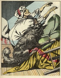 El lobo golpea a la abuela de Caperucita Roja. Ilustración del cuento "Caperucita Roja" de Charles Perrault de Unknown artist