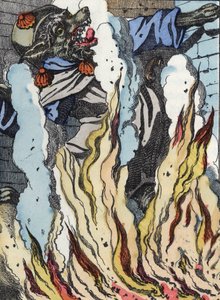 El lobo cae en el fuego de la chimenea. Ilustración del cuento "Compere le Loup, Maitre Renard, Comere la Chevre et ses petits biquets" después de una fábula de Jean de la Fontaine. En "Cuentos del hogar para los pequeños". Grabado anónimo del siglo XIX de Unknown artist