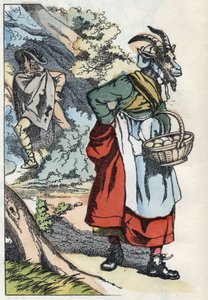El lobo busca a la cabra que deja su hogar. Ilustración del cuento "Compere le Loup, Maitre Renard, Comere la Chevre et ses petits biquets" después de una fábula de Jean de la Fontaine. En "Cuentos del hogar para los pequeños". Grabado anónimo del siglo XI de Unknown artist