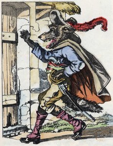 El lobo llama a la puerta de la casa del cabrito. Ilustración del cuento “Compère le Loup, Maître Renard, Commère la Chèvre et ses petits biquets” después de una fábula de Jean de la Fontaine. En “Cuentos del hogar para los pequeños”. Grabado anónimo.
