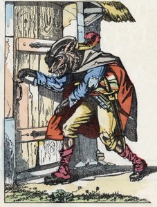 El lobo llama a la puerta de la casa de los biquets. Ilustración del cuento "Compere le Loup, Maitre Renard, Comere la Chevre et ses petits biquets" después de una fábula de Jean de la Fontaine. En "Cuentos del hogar para los pequeños". Grabado anónimo del