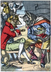 El lobo se encuentra de nuevo con el zorro. Ilustración del cuento “Compère le Loup, Maître Renard, Commère la Chèvre et ses petits biquets” después de una fábula de Jean de la Fontaine. En “Cuentos del hogar para los pequeños”. Grabado anónimo del siglo X
