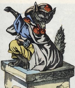 El lobo se sienta en la chimenea. Ilustración del cuento “Compere el Lobo, Maitre Renard, Comere la Cabra y sus pequeños cabritos” después de una fábula de Jean de la Fontaine. En “Cuentos del hogar para los pequeños”. Grabado anónimo del siglo XIX.