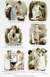 La mujer, médico en casa: el agua como medio curativo. 1. Ablución de una persona enferma en la cama, 2. Ablución por fuego, 3. Ablución alternada en una bañera, 4. Ducha de lluvia, 5. Ducha con un tubo de grifo de cocina, 6. Riego en un pequeño interior - de Unknown artist