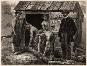 Los carpinteros de la mina de Montchanin, arrojándolos al pozo inclinado; en traje, el ingeniero jefe de la mina supervisa las maniobras. Grabado para ilustrar un viaje a Creusot y las minas de Saona y Loira, en 1865, por L. Simonin, en “Le