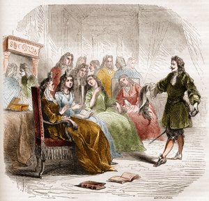 El escritor Georges de Scudery (1598-1667) durante un salón literario organizado por su hermana, Madeleine de Scudery, en 1650. Grabado de 1860-1861 de Unknown artist