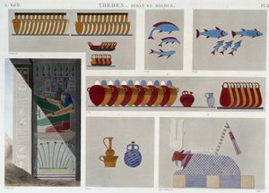 Tebas: Bybân el Molouk. pl 87: Pinturas de la 5ª tumba de los reyes al este, 7º bajorrelieve de la entrada de la misma tumba en “Antigüedades Egipcias”, s.d. siglo XIX