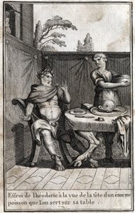Teodorico el Grande (ca. 454/455-526), rey de los godos, se asusta al ver la cabeza de un enorme pez servido en su mesa. Grabado en “Beauté de l