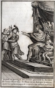Teodosio I (Flavio Teodosio) (347-395), emperador romano, hizo arrestar a Anfiloquio, obispo de Iconio, por falta de respeto a su hijo, Arcadio (377-408). El obispo declara: "Cuando protegemos a los arrianos que niegan la divinidad de Jesucristo, hijo de D de Unknown artist
