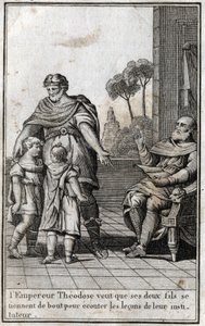 Teodosio I (Flavio Teodosio) (347-395), emperador romano, quiere que sus dos hijos, Arcadio (377-408) y Honorio (384-423), se levanten para escuchar las lecciones de su maestro. Siglo IV. Grabado en “Belleza de la historia del bajo imperio” redactado por P de Unknown artist